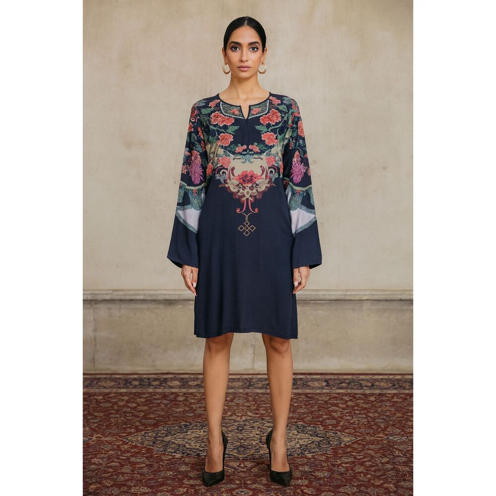SANA SAFINAZ Gray Floral Cotton Long Sleeve Midi Dress   Women's Size Small